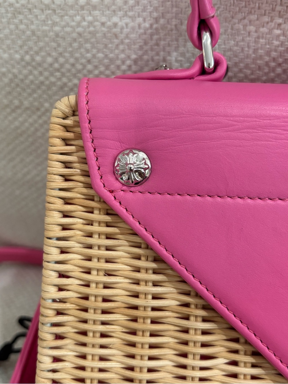 Authentic CHROME HEARTS pink leather woven wicker mini basket 2way bag - Picture 8 of 15